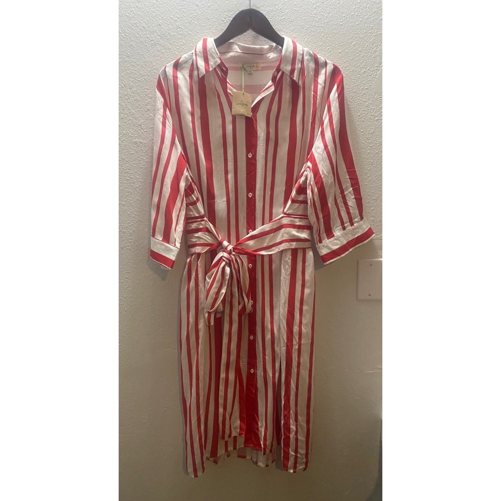 Umgee‎  Red White Striped Shirt Dress Women's  1XL Belted Midi NWT